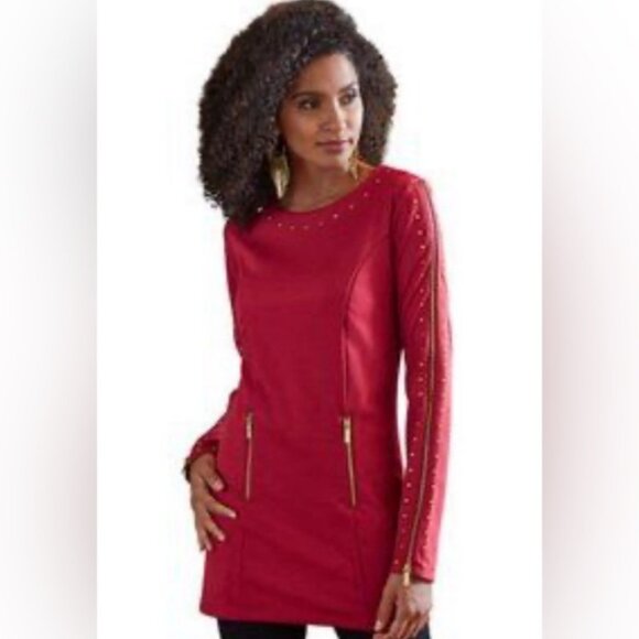 Venus Red Studded Long sleeve Zipper Dress - Picture 1 of 8